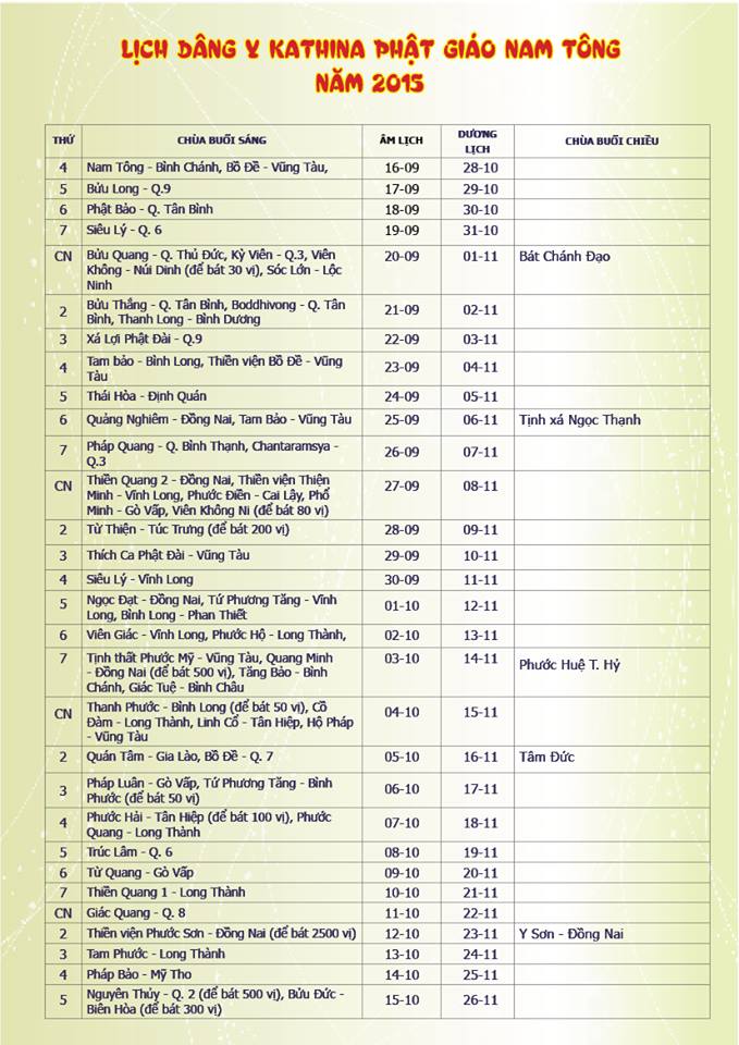 LỊCH DÂNG Y KATHINA PHẬT GIÁO NAM TÔNG NĂM 2015