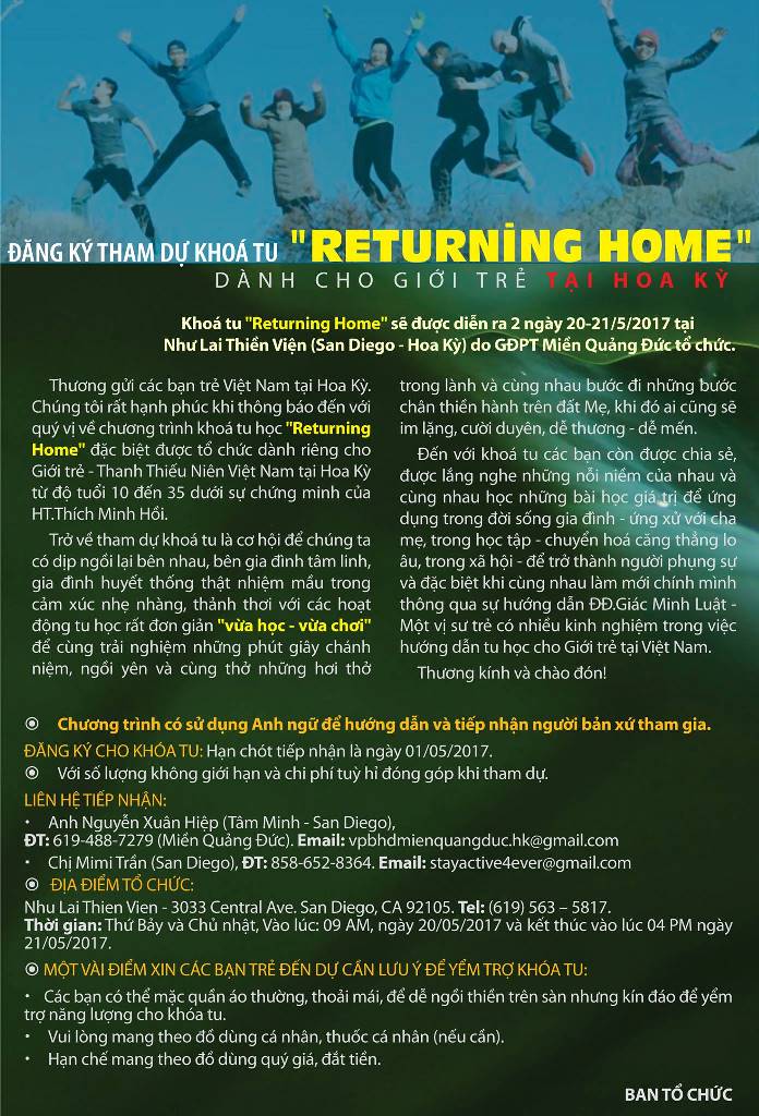 Hoa Kỳ: Tổ Chức Khoá Tu &quot;Returning Home&quot; Dành Cho Giới Trẻ