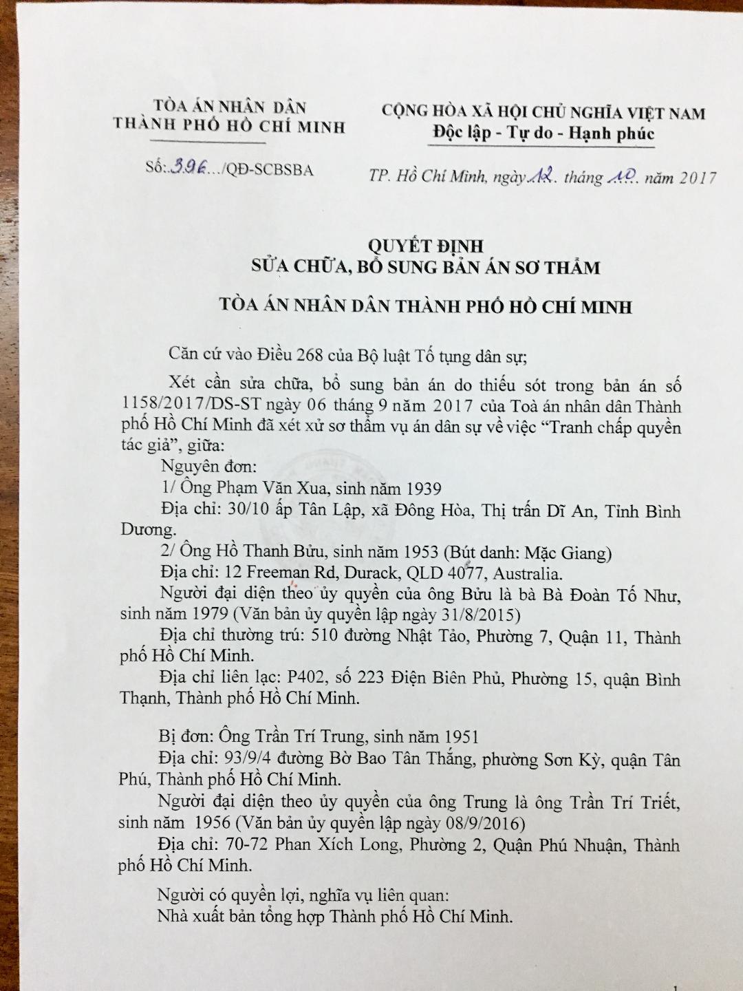Bản Án Vv Tranh chấp quyền tác giả tập thơ Việt Nam Thi Sử Hùng Ca