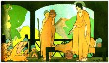 Đức Phật và Tôn Giả A Nan (Ananda), đang lau rửa cho một nhà sư bị Bệnh Kiết Lỵ. The Buddha and the venerable Ananda, washing a monk suffering from Dysentery.]